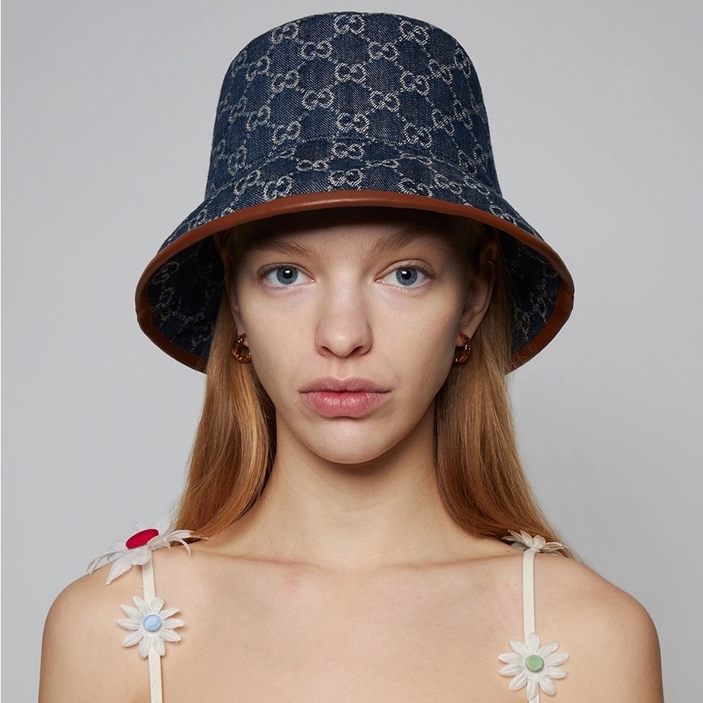 Denim Supreme Monogram Bucket Hat Stiff Navy Blue Canvas Brown Calf Leather Trim